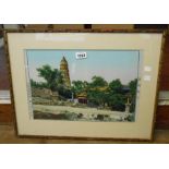 A simulated gilt bamboo framed Japanese temple view machine embroidery picture with text to borders