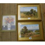 R.D. Sherrin: a pair of gilt framed coloured moorland landscape prints - sold with a floral still