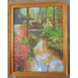 A framed acrylic painting, depicting a woodland river landscape with flowering plants on the banks -