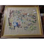 A needlework picture depicting a Victorian rural school yard scene of children playing with