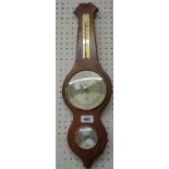 A vintage polished wood framed banjo barometer/thermometer with hygrometer dial under and aneroid