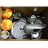 A box containing a quantity of silver plated items including goblets, animals and cruet set, etc.