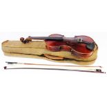 An old William Fendt junior violin with decorative back and paper label to interior - sold with