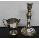 A silver plated copper candlestick a/f - sold with a plated jug