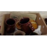 A box containing a quantity of studio pottery items including Youghal Pottery, etc.