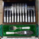 A cased pair of silver plated fish servers with mother-of-pearl handles - sold with a cased set of