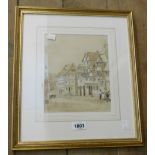 A gilt framed 19th Century pencil highlighted watercolour, depicting a street scene with buildings