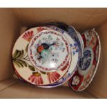 A box containing a quantity of assorted ceramic plates including Japanese Imari, Amhurst pattern,