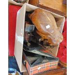 A box containing a quantity of collectable items including large carved wood elephant figure, etc.