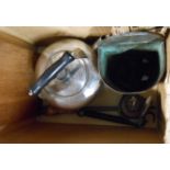 A box containing a quantity of assorted metalware including old kettle, copper wall pocket, lamp,