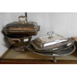 Two silver plated entree dishes, pedestal bowl, oval tray and large salver