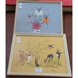 E. Toll: a framed mixed media picture, depicting tribal dancers - sold with a similar by Kaimet