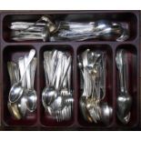 A cutlery tray containing a quantity of silver plated forks and spoons - various patterns