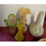 Four pieces of Victorian Art glass including enamel decorated opaque and coloured frilled top (a/