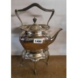 A silver plated spirit kettle, on stand with burner