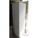 A 54cm vintage narrow white painted mixed wood two door cupboard with hanging space and shelves -