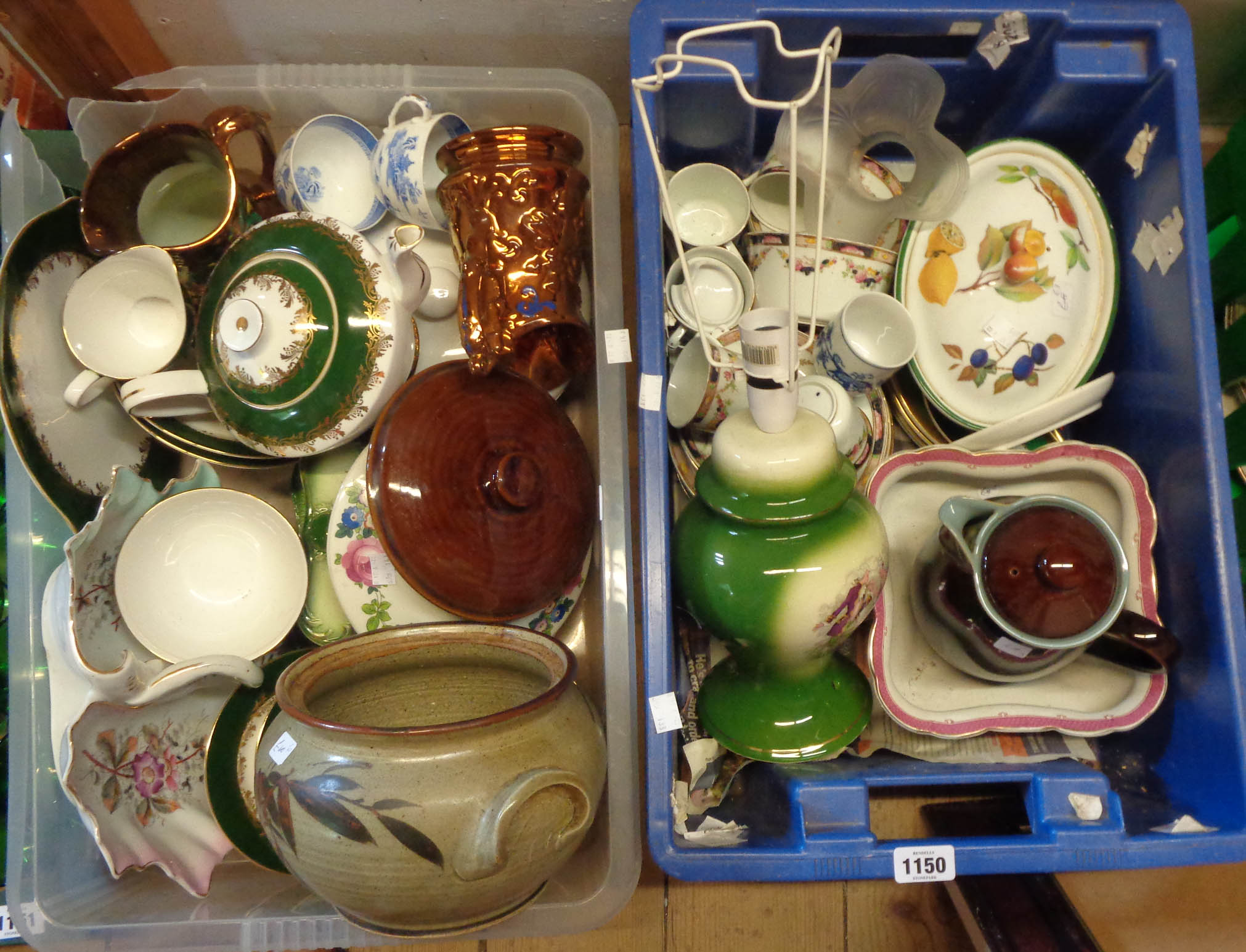 Two boxes containing a quantity of assorted ceramic items including Denby, Staffordshire jugs, etc.
