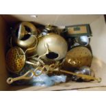 A box containing a quantity of metalware including chestnut roaster, teapots, silver plated Guernsey