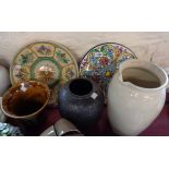 A small selection of ceramic items including studio pottery vase, Spanish tin glazed dish, large