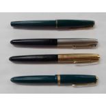 Four Parker fountain pens comprising Duofold and Parker 17 in green finish, Parker 51 and 61