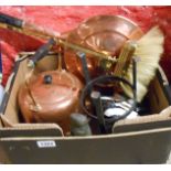 A box containing a quantity of assorted metalware including vintage copper electric kettle, modern