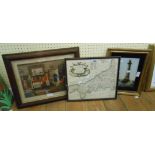 A Hogarth framed reproduction Robert Morden map print of Cornwall - sold with a framed hunting print