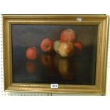 A gilt framed oil on canvas still life with apples on a table - 31cm X 44cm