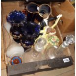 A box containing a quantity of assorted ceramics and glass including Torquay pottery, decanters,