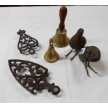 A quantity of assorted metal items comprising pair of hollow cast brass quail figurines, brass bells