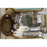 A box containing a quantity of silver plated and other cutlery, a novelty cottage pattern
