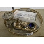 A small quantity of silver plated items including a gallery tray, condiments, etc.