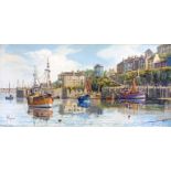 †W.H. Stockman: a vintage framed oil on board, depicting a harbour scene with moored Brixham fishing