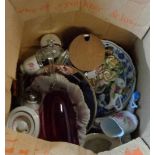 A box containing a quantity of ceramic items including stoneware hot water bottle, plates,