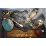 A crate containing a quantity of assorted metalware and other collectable items including