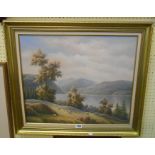 A modern gilt framed oil on canvas, depicting sheep in a lakeland setting - signed