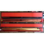A Pro One three piece snooker cue with extension piece in original carry case - sold with another
