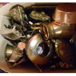 A box containing a large quantity of miniature brass items including trench art pencil, crinoline