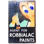 An old two sided enamel sign marked Agent for Robbialac Paints with stylised Art Deco figure with