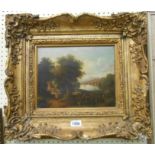 An ornate gilt gesso framed oil on canvas, depicting figures on a country track with lake beyond -