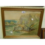 A gilt framed watercolour, depicting a coastal view at 'Watergate Bay' - indistinctly signed