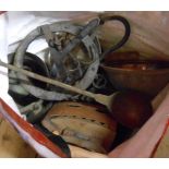 A bag containing a large quantity of metalware including Eastern copper pans, wrought iron pot