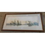 Charles Dixon: a framed Thames shipping scene coloured print with Tower bridge in distance
