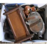 A box containing a quantity of assorted metalware and other items including brass hot water jug,
