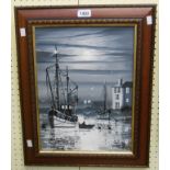 Gordon Allen: a framed oil on canvas, depicting a moonlit harbour scene with moored Brixham trawlers