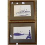 A pair of framed photographic reprints, both depicting cruise liners