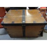 A 97cm old iron bound oak silver chest with heavy latch to lift-top and remains of fitted interior