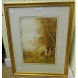 Fred Hines: a gilt framed watercolour, depicting a young shepherd, girl and sheep resting beneath