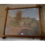 A polished wood cross framed oil on canvas under perspex, depicting an early 20th Century farm