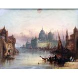 E. Pritchett: a framed oil on canvas, depicting a view of the Grand Canal Venice with figures on