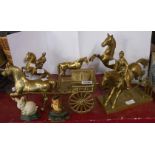 Five cast brass horse figurine ornaments including horse and cart, huntsman, etc. - sold with a pair